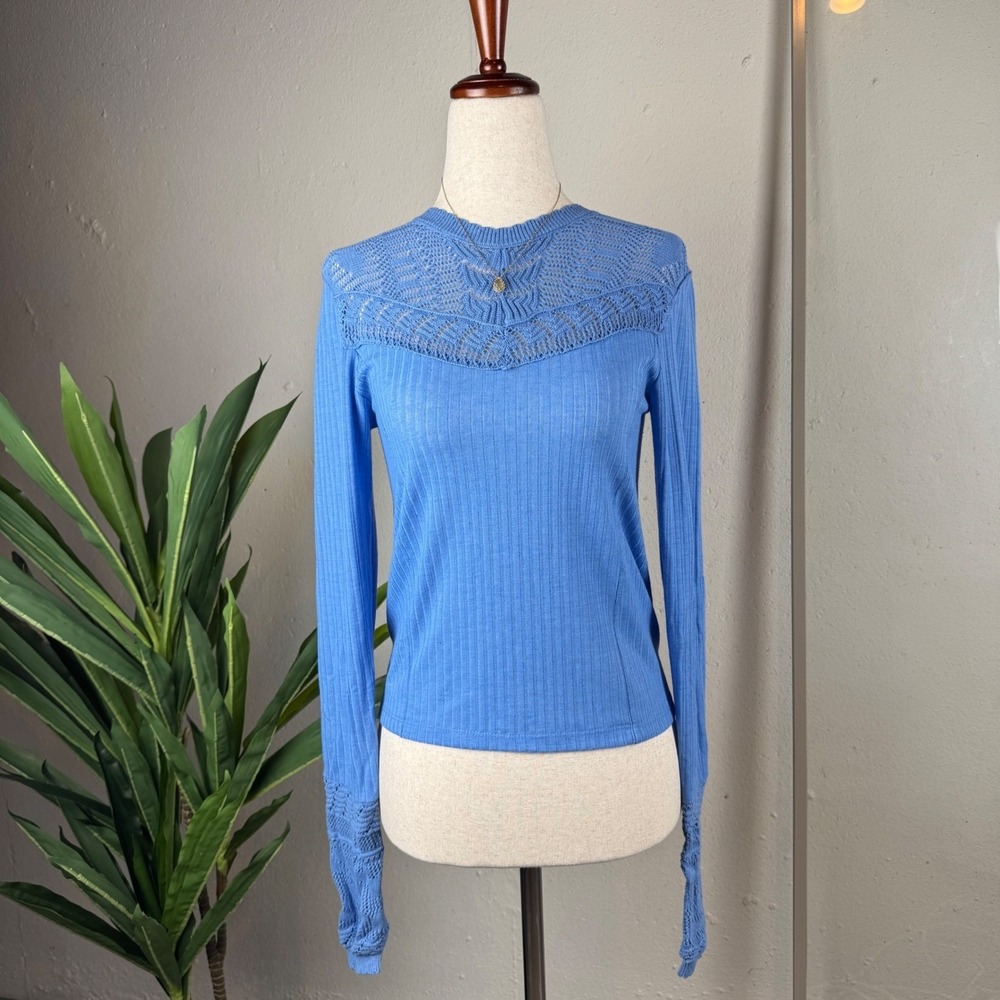 Dainty Coquette Floral Feminine Free People Ribbed Knit Top XS Blue Lace  Yoke